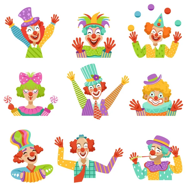 Vriendelijke clowns Happy cartoon karakter kleurrijk vectorillustraties — Stockvector