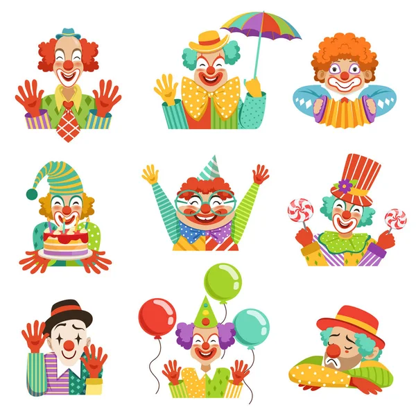 De vriendelijke clowns grappige cartoon karakter kleurrijk vectorillustraties — Stockvector