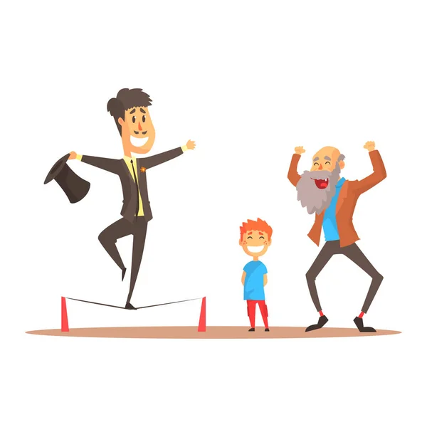 Caminante Tightrope actuando ante personas felices, circo o actor callejero colorido dibujo animado vector detallado Ilustración — Vector de stock