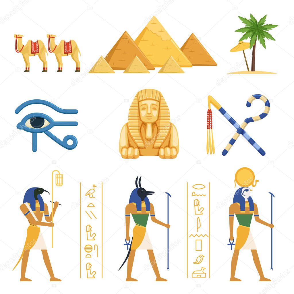 Egypt set, Egyptian ancient symbols of the power of pharaohs and gods colorful vector Illustrations