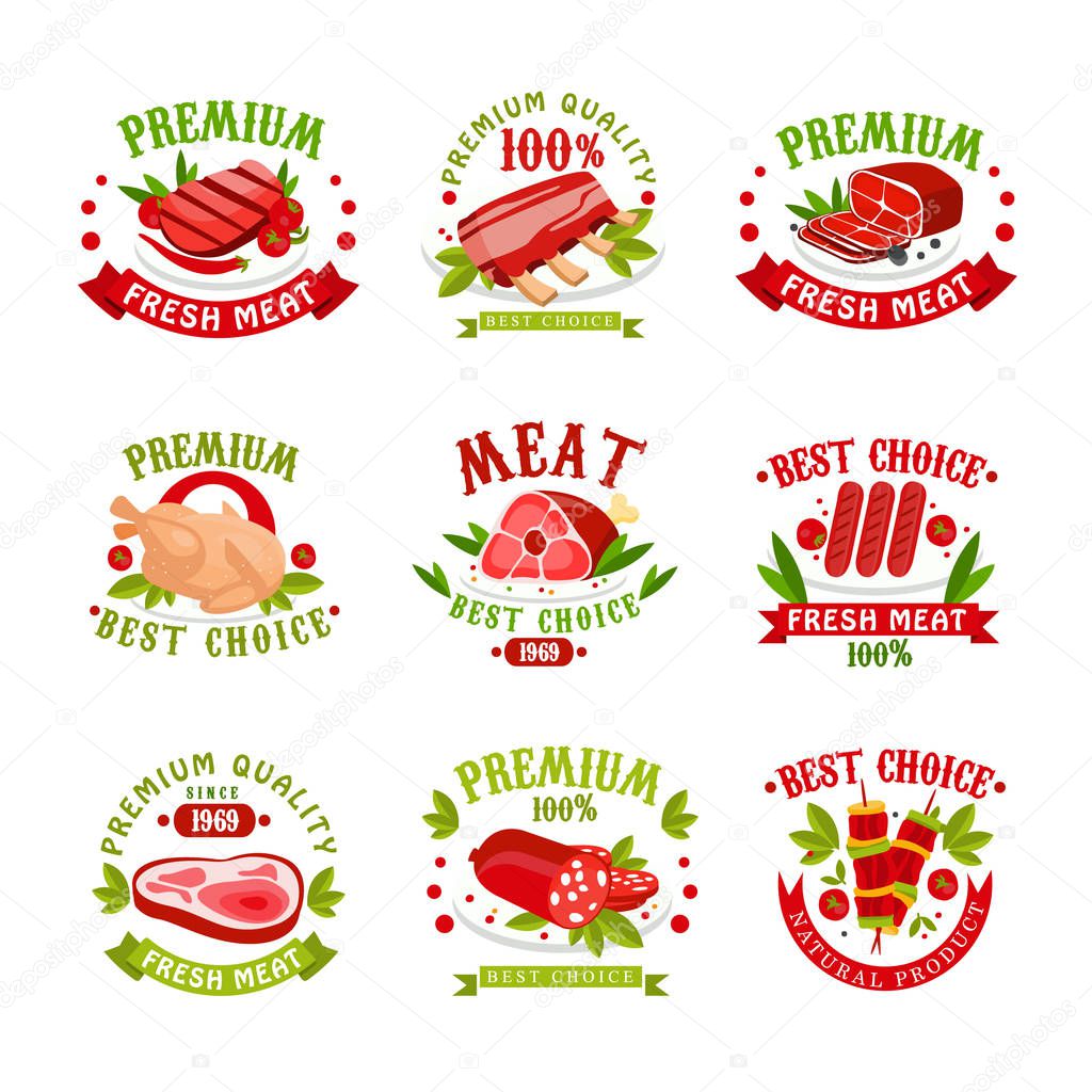 Premium quality fresh meat logo templates set, best choice since 1969 badge, vector Illustrations for butchery, meat shop