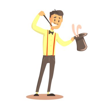 Tavşan, sirke veya sokak aktör renkli karikatür detaylı vektör çizim ile sihirbaz holding üst şapka