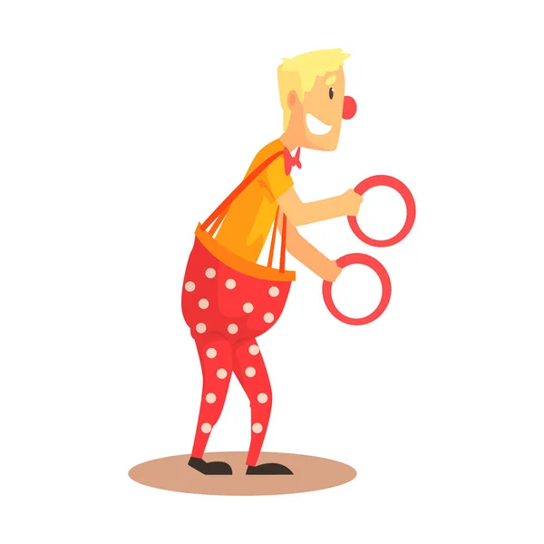 Funny friendly clown juggling with rings, circus or street actor colorful cartoon detailed vector Illustration — Stock Vector