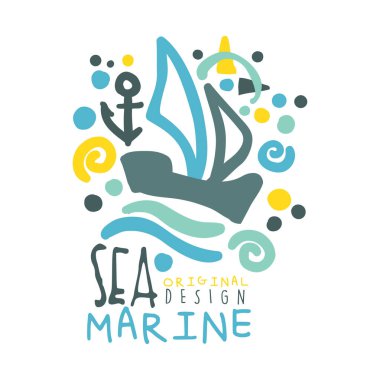 El çekilmiş renkli vektör çizim deniz, deniz logo tasarımı, yaz seyahat ve spor