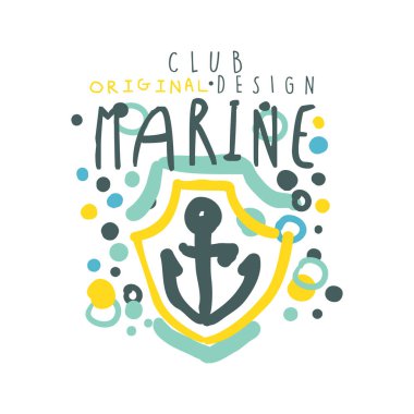 El çekilmiş renkli vektör çizim Deniz Kulübü logo tasarımı, yaz seyahat ve spor