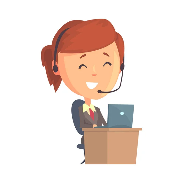 Personaje de mujer de negocios sentado con portátil y auriculares, operador de centro de llamadas con un vector de dibujos animados auriculares Ilustración — Vector de stock