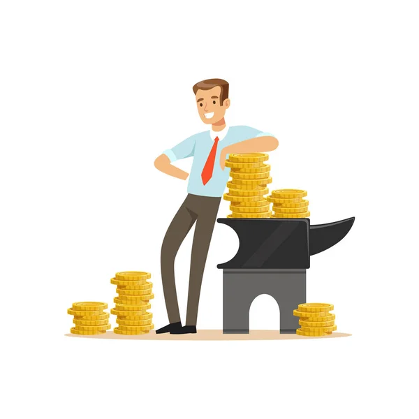 Podnikatel, stojící vedle kovadliny zlatých mincí, aby peníze koncept vektorové ilustrace — Stockový vektor