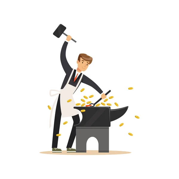 Man in a business suit and white apron forging money by hammering on the anvil, make money concept vector Illustration — Stock Vector
