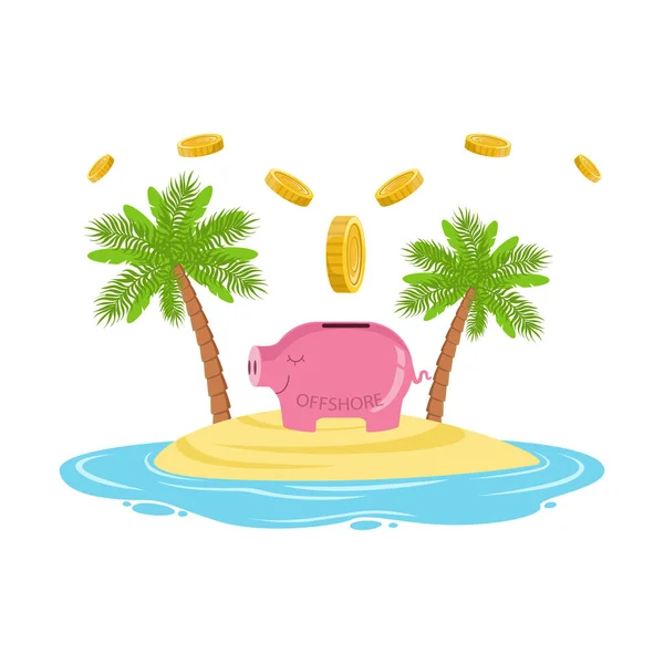 Monedas de oro cayendo en una alcancía en una isla tropical, vector concepto bancario offshore Ilustración — Archivo Imágenes Vectoriales