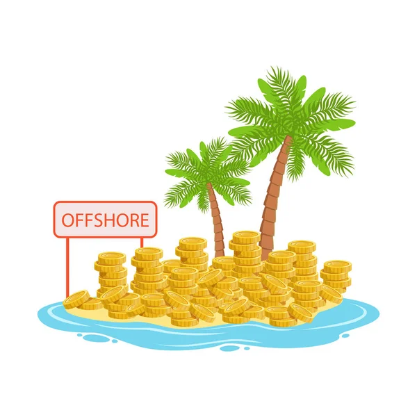 Grandes pilas de monedas de oro que yacen en una isla tropical, vector concepto bancario offshore Ilustración — Archivo Imágenes Vectoriales