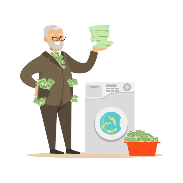 Corrupt confident mature man in a business suit washing dirty money, illegal money laundering vector Illustration — Stock Vector