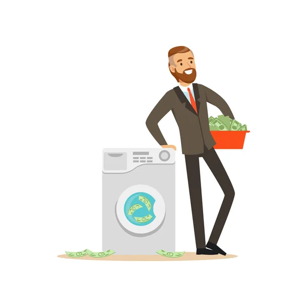 洗濯機、違法なマネーロンダ リング ベクトル図でお金を洗うビジネス スーツを着た男 — ストックベクタ