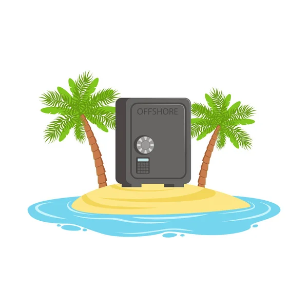 Closed safe on a tropical island, hidden in offshore wealth resources vector Illustration — Stock Vector