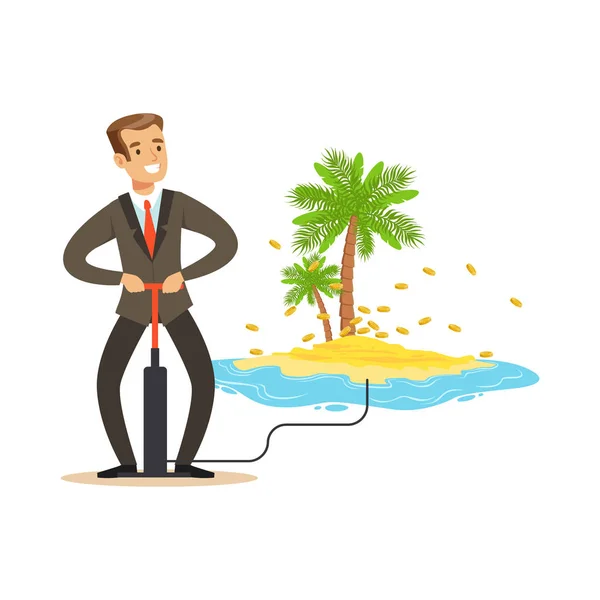 オフショアの豊富なリソースをベクトル図に隠された海洋の熱帯の島に、お金をつぎ込んでビジネス スーツを着た男 — ストックベクタ