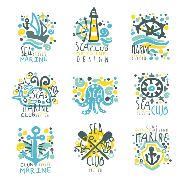 Conjunto de club marino para diseño de etiquetas. Viaje, vacaciones de verano, fiestas en la playa, cruceros dibujado a mano vector colorido Ilustraciones — Vector de stock