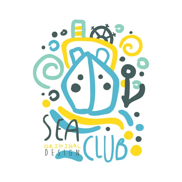 Sea club logo design, viaggi estivi e sport disegnato a mano colorato vettore Illustrazione — Vettoriale Stock