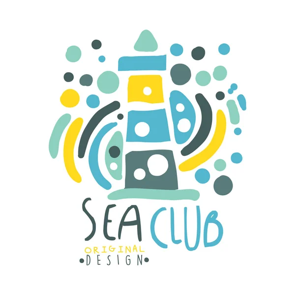 Sea club logo design, viaggi estivi e sport disegnato a mano colorato vettore Illustrazione — Vettoriale Stock