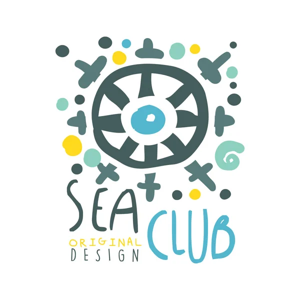 Sea club design originale logo, viaggi estivi e sport disegnato a mano colorato vettore Illustrazione — Vettoriale Stock