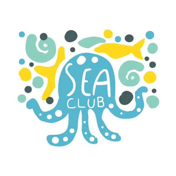 Sea club logo, summer travel and sport hand drawn colorful vector Illustration — Stock Vector
