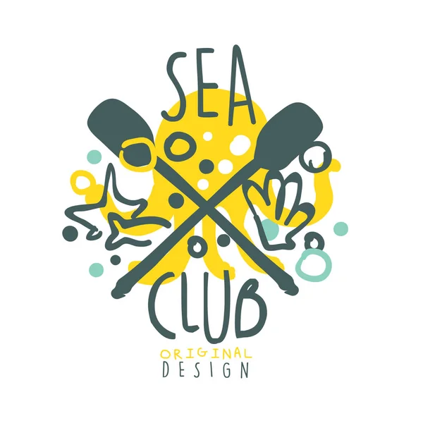 Sea club logo design, viaggi estivi e sport disegnato a mano colorato vettore Illustrazione — Vettoriale Stock