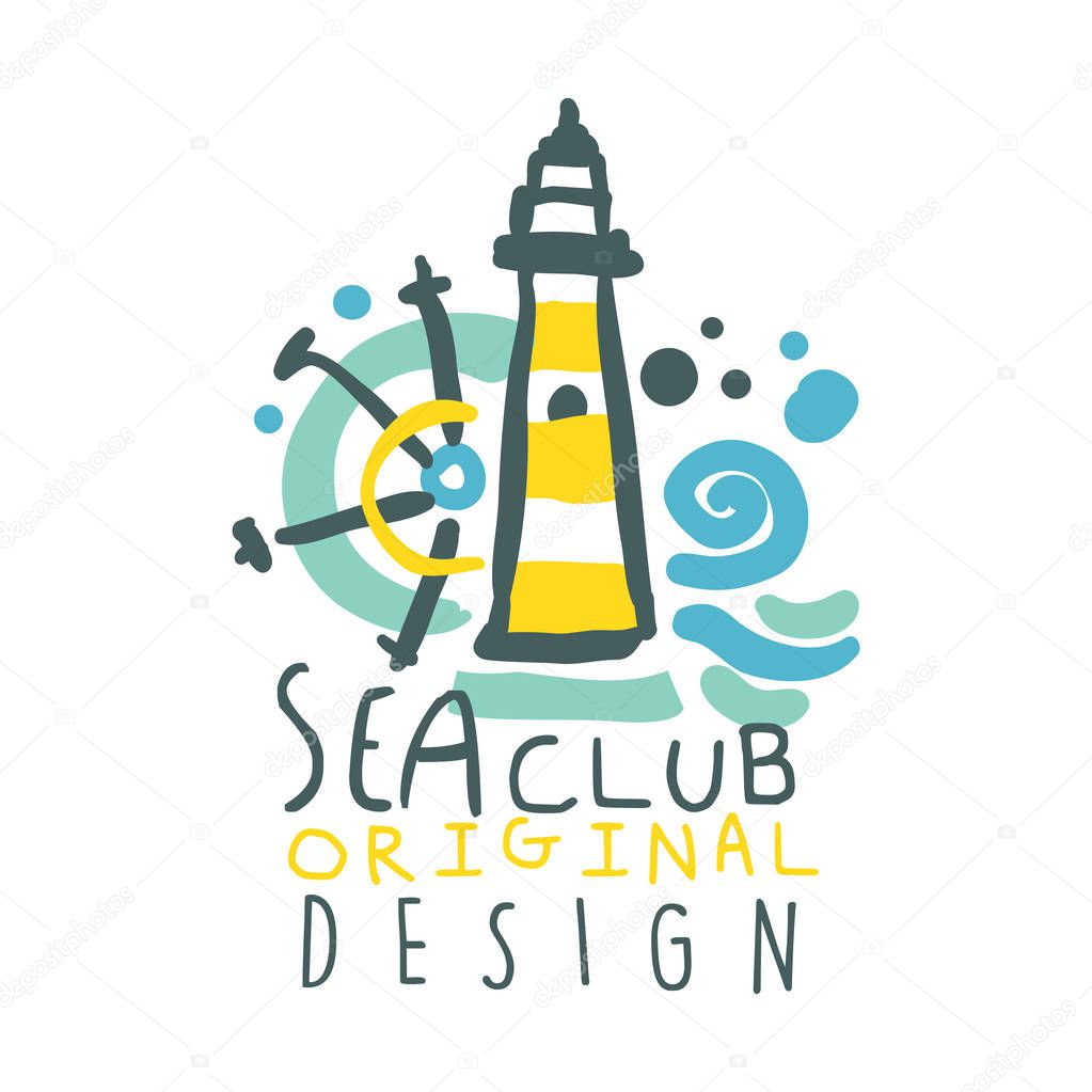 Sea club logo original design, summer travel and sport hand drawn colorful vector Illustration