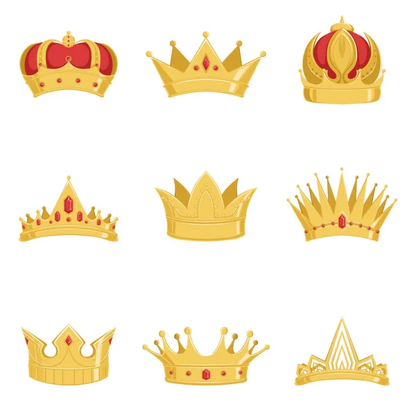 Koninklijke gouden kronen instellen, symbolen van de macht van de koning en koningin vector illustraties — Stockvector