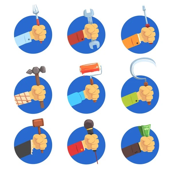 Araçları holding eller seti, el mesleğinin simgesiyle mans, avatar vektör çizimler işleri