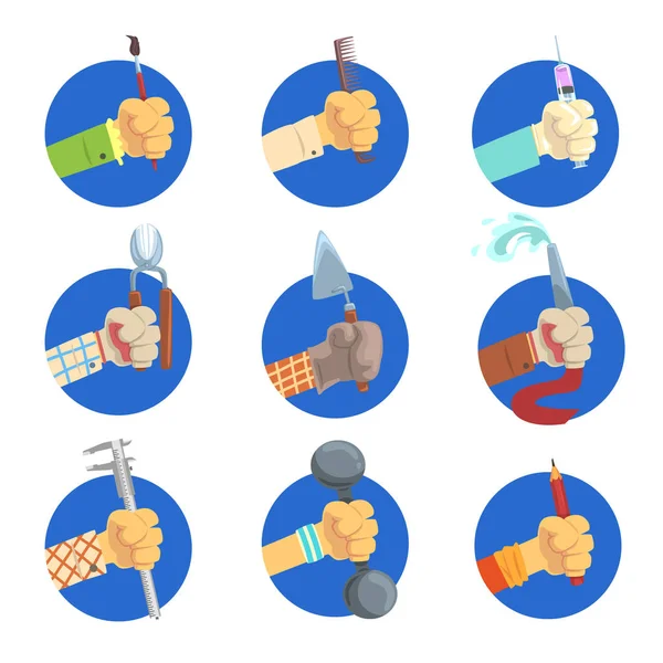 Mains avec ensemble d'outils, Mans main avec le symbole de la profession, emplois avatar vecteur Illustrations — Image vectorielle