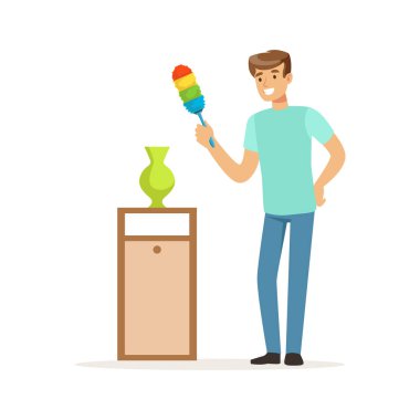 Adam evde, toz silerek gülümseyen genç ev temizlik ev kocası illüstrasyon vektör