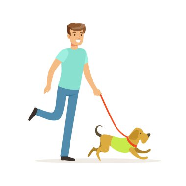 Genç bir köpek yürüyen adam gülümseyen illüstrasyon vektör