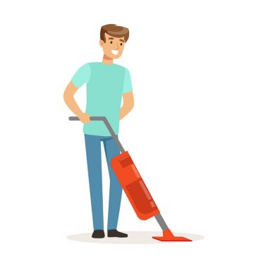 Genç gülümseyen adam Buhar ile zemin temizleme temizleyici, ev kocası evde vektör çizim çalışma paspas