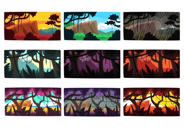 Tropisk djungel landskap i olika färger och tider på dygnet — Stock vektor