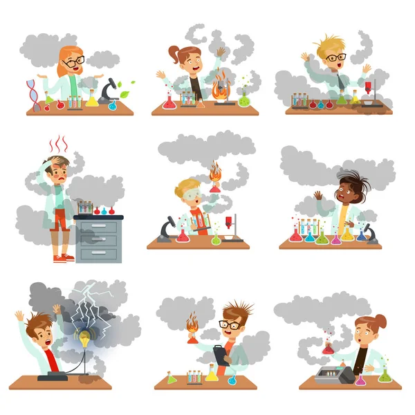 Kid chemists caracteres posando em diferentes situações olhando sujo após fracassado conjunto de experiências químicas de vetor Ilustrações — Vetor de Stock