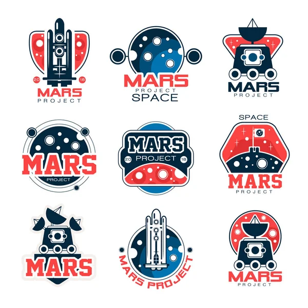 Mars-projektet etiketter set, fördärvar colonization program vektor illustrationer — Stock vektor