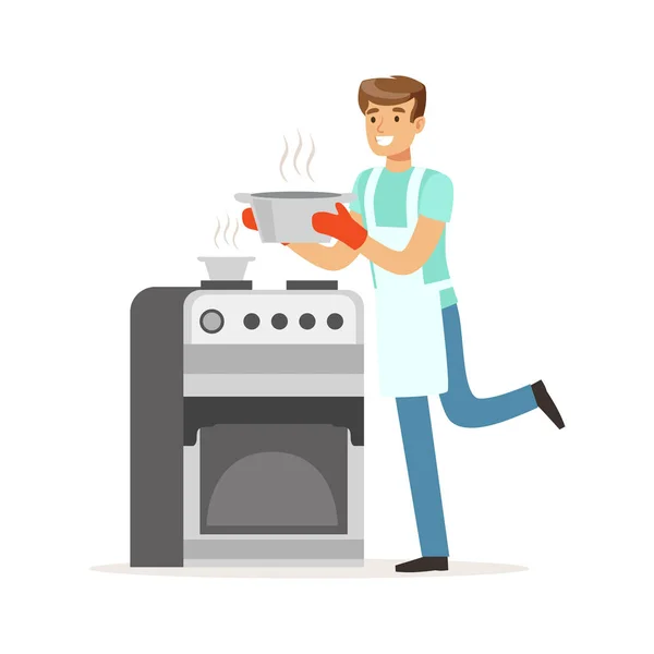 Νέος, χαμογελαστός άνθρωπος το μαγείρεμα στην κουζίνα, σύζυγος σπίτι, εργασία στο σπίτι διανυσματικά εικονογράφηση — Διανυσματικό Αρχείο