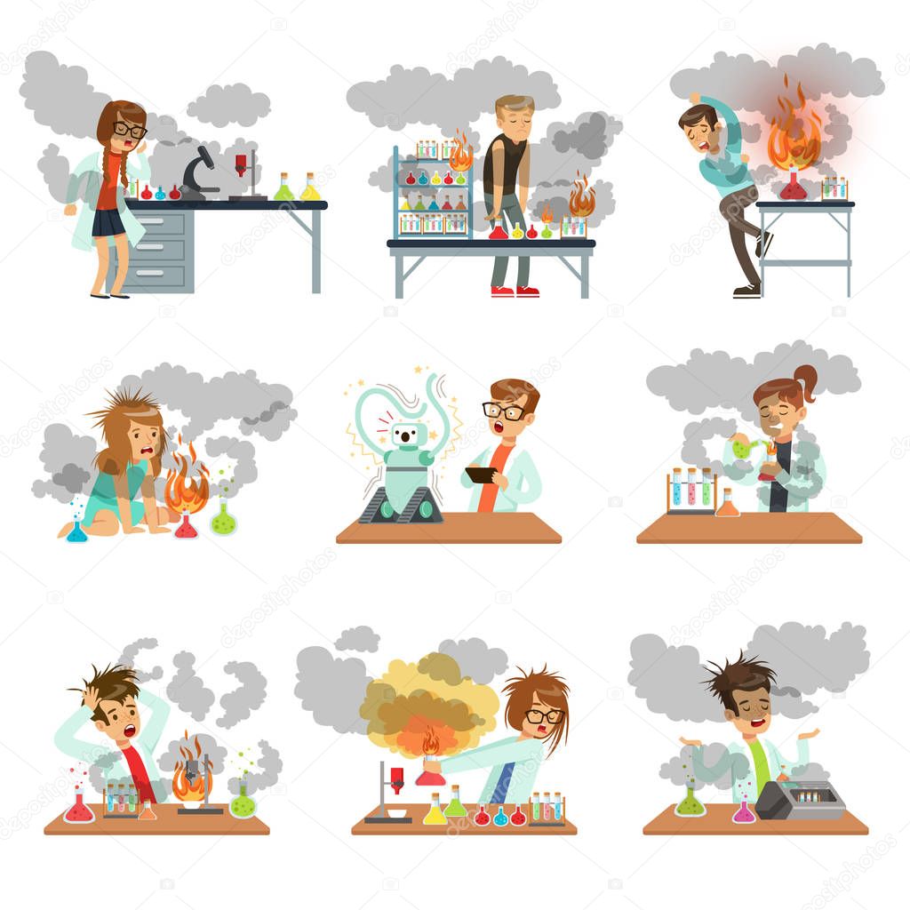 Kid chemists characters looking dirty after failed chemical experiments set of vector Illustrations