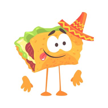 Et ve sebze, geleneksel giysiler içinde geleneksel insanlaşmış gıda Meksika taco karakterle illüstrasyon vektör