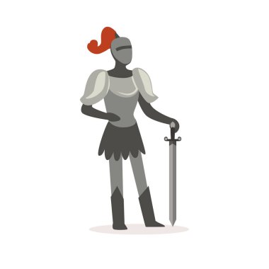 Kılıç ile Avrupa Ortaçağ karakteri renkli vektör çizim ayakta şövalye tam vücut zırh takım elbise