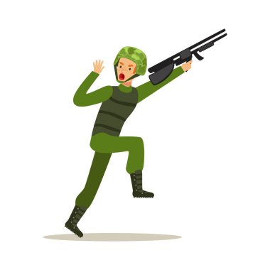 Asker karakter kamuflaj savaş Tekdüzen kaçmanın saldırı tüfeği vektör çizim ile piyade birlikleri