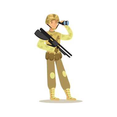 Kamuflaj üniforma dürbün vektör çizim üzerinden seyir giyen asker karakter