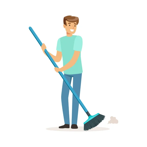 Giovane uomo sorridente spazzare il pavimento, marito di casa che lavora a casa vettore Illustrazione — Vettoriale Stock