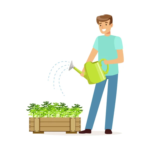 Fiatal, mosolygós ember öntözés növények fadobozban, ház férje otthoni munkavégzés vektoros illusztráció — Stock Vector