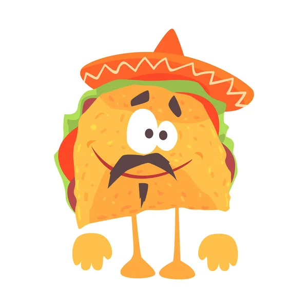 Rolig tecknad mexikansk taco karaktär med kött och grönsaker, traditionella humaniserad mat i traditionella kläder vektor Illustration — Stock vektor