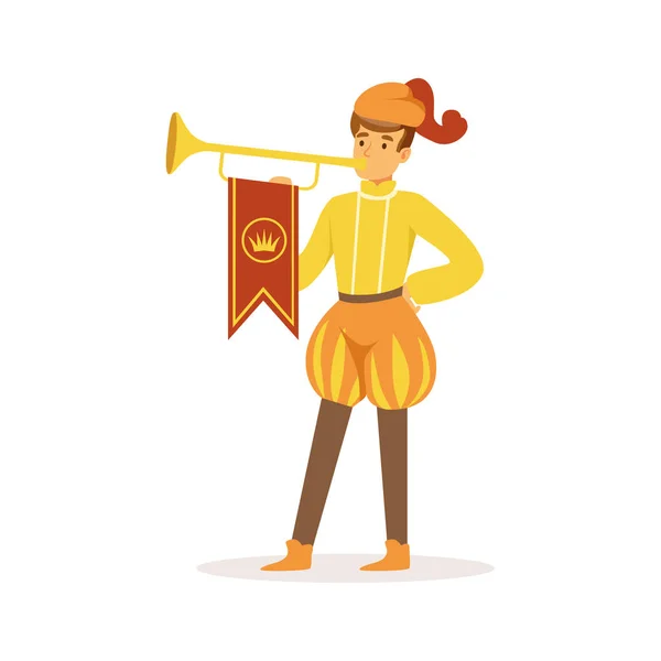 Herald playing a trumpet, European medieval character in traditional costume colorful vector Illustration — Stock Vector