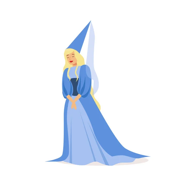 Splendida principessa in un abito da ballo blu e cappello a punta, personaggio fiabesco o medievale europeo colorato vettoriale Illustrazione — Vettoriale Stock
