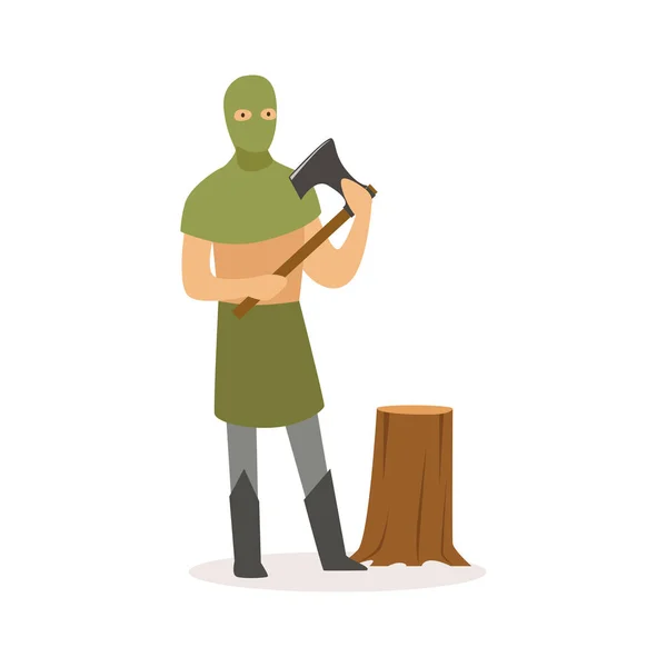 Executioner standing with axe, European medieval character in traditional costume colorful vector Illustration — Stock Vector