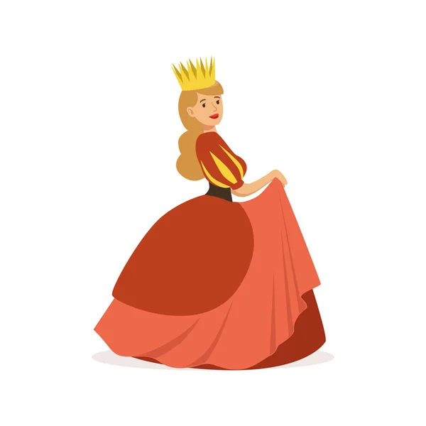 Kaunis majesteettinen kuningatar tai prinsessa punainen mekko ja kulta kruunu, satu tai Euroopan keskiaikainen merkki värikäs vektori Kuvitus — vektorikuva