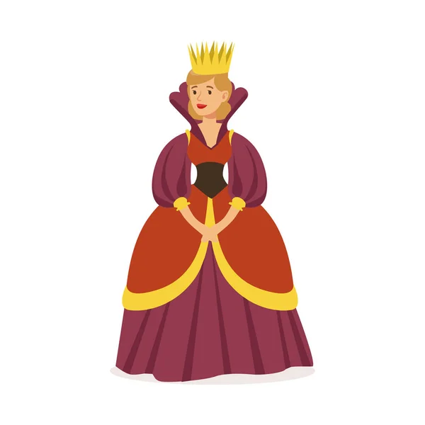 Majestueuze koningin in paarse jurk en gouden kroon, sprookje of Europese middeleeuwse karakter kleurrijke vector illustratie — Stockvector