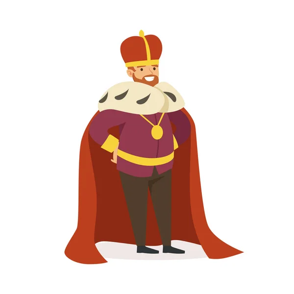 Majestätischer Kaiser in rotem Hermelinmantel, märchenhaftem oder mittelalterlichem Charakter, bunte Vektorillustration — Stockvektor