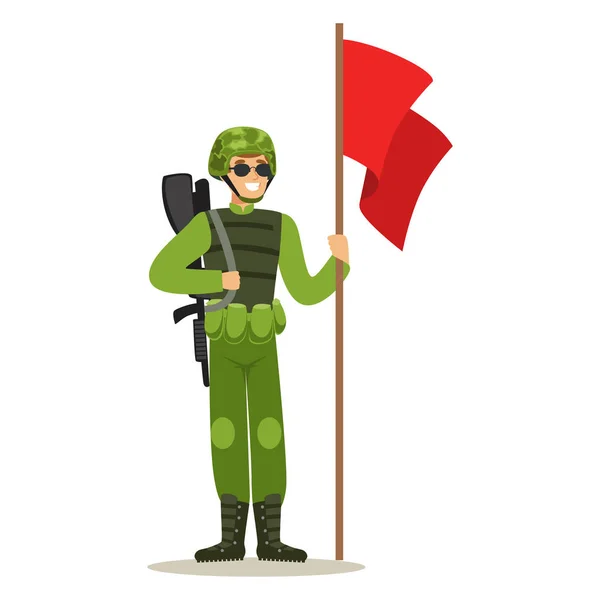Tropas de infantería soldado personaje en camuflaje uniforme de combate de pie con bandera roja vector Ilustración — Vector de stock